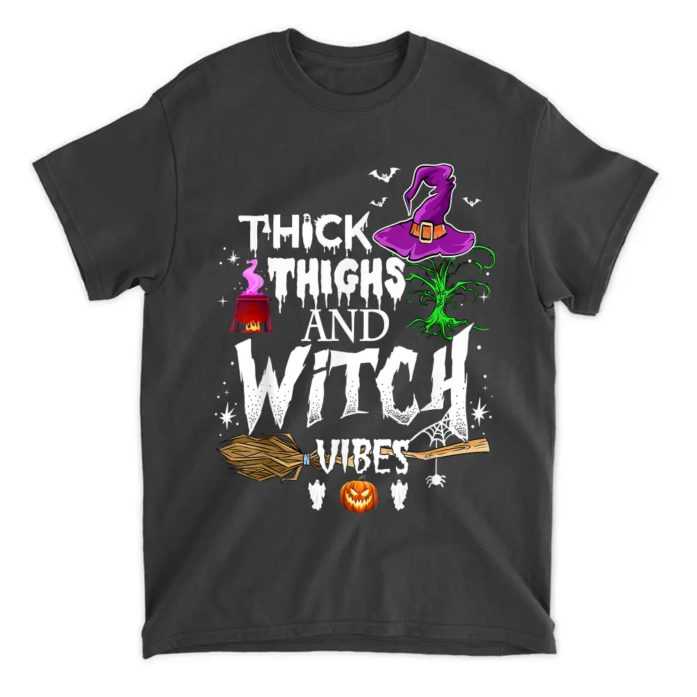 Thick Thighs And Spooky Vibes Witchy Pumpkin Halloween T-Shirt