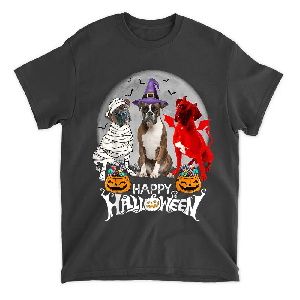 Three Boxer Dog Brindle Boxer Mummy Witch Demon Halloween T-Shirt