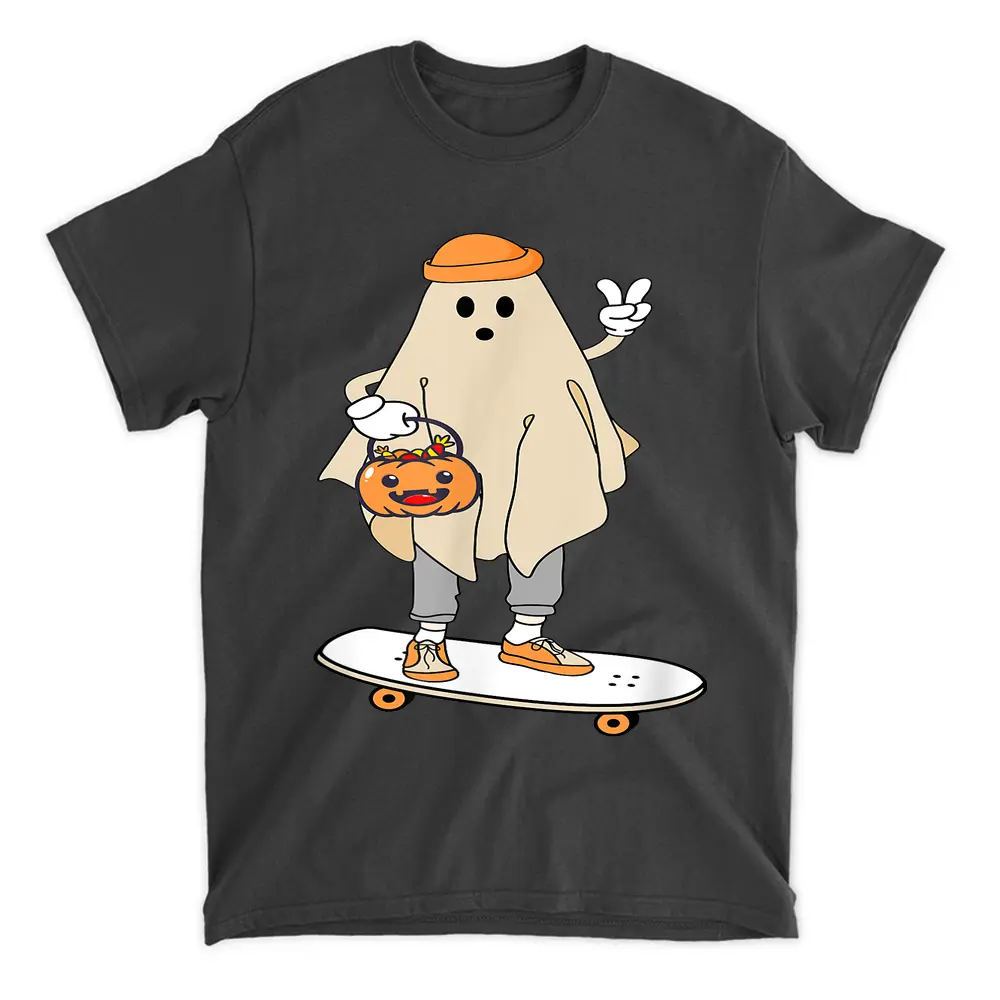 Vintage Halloween Ghost Skateboard Pumpkin Candy Bucket Cute T-Shirt