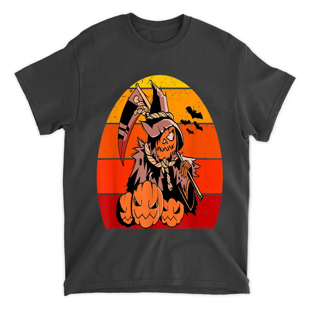 Vintage Retro Sunset Pumpkin Reaper Halloween Costume T-Shirt