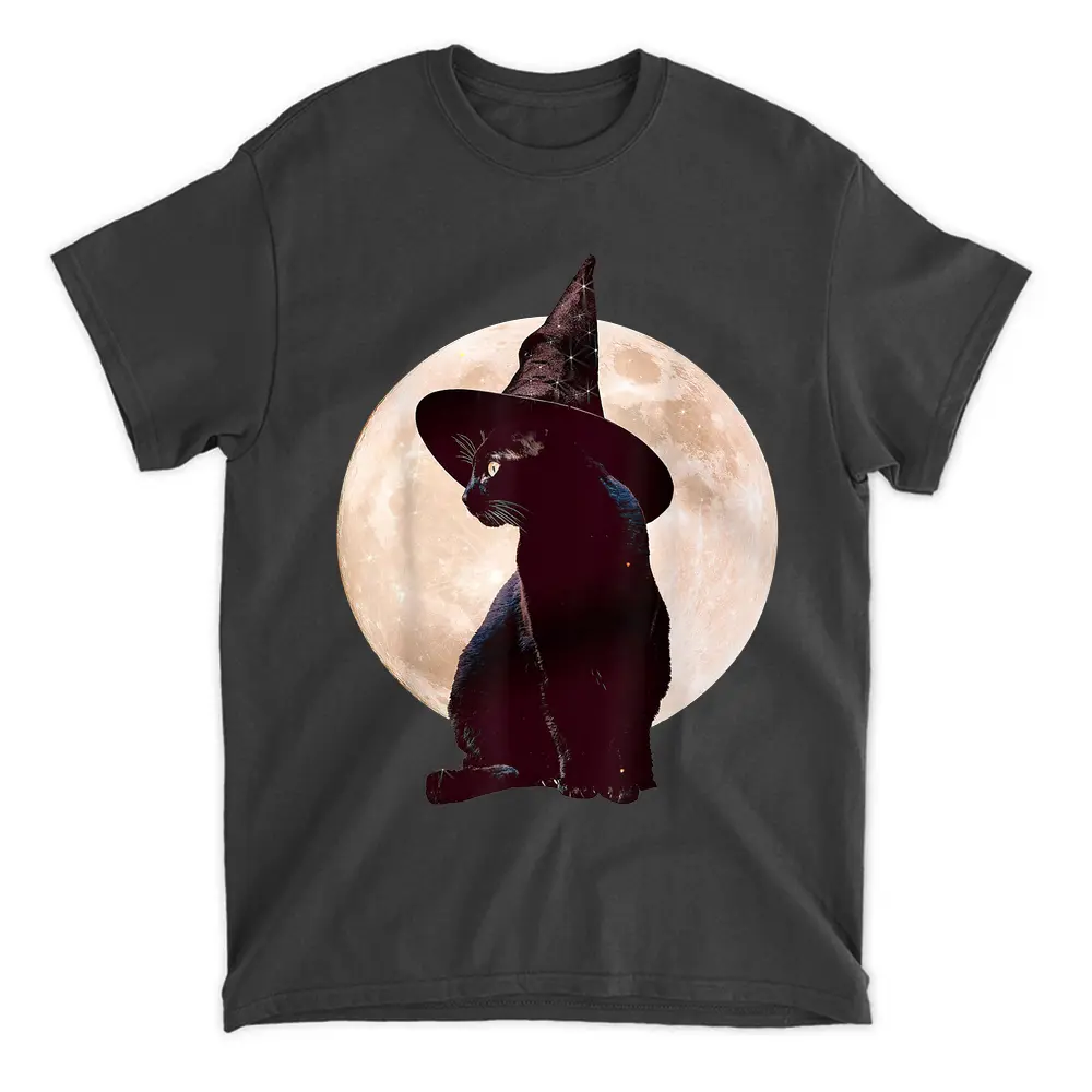 Vintage Scary Halloween Black Cat Costume Witch Hat  Moon T-Shirt