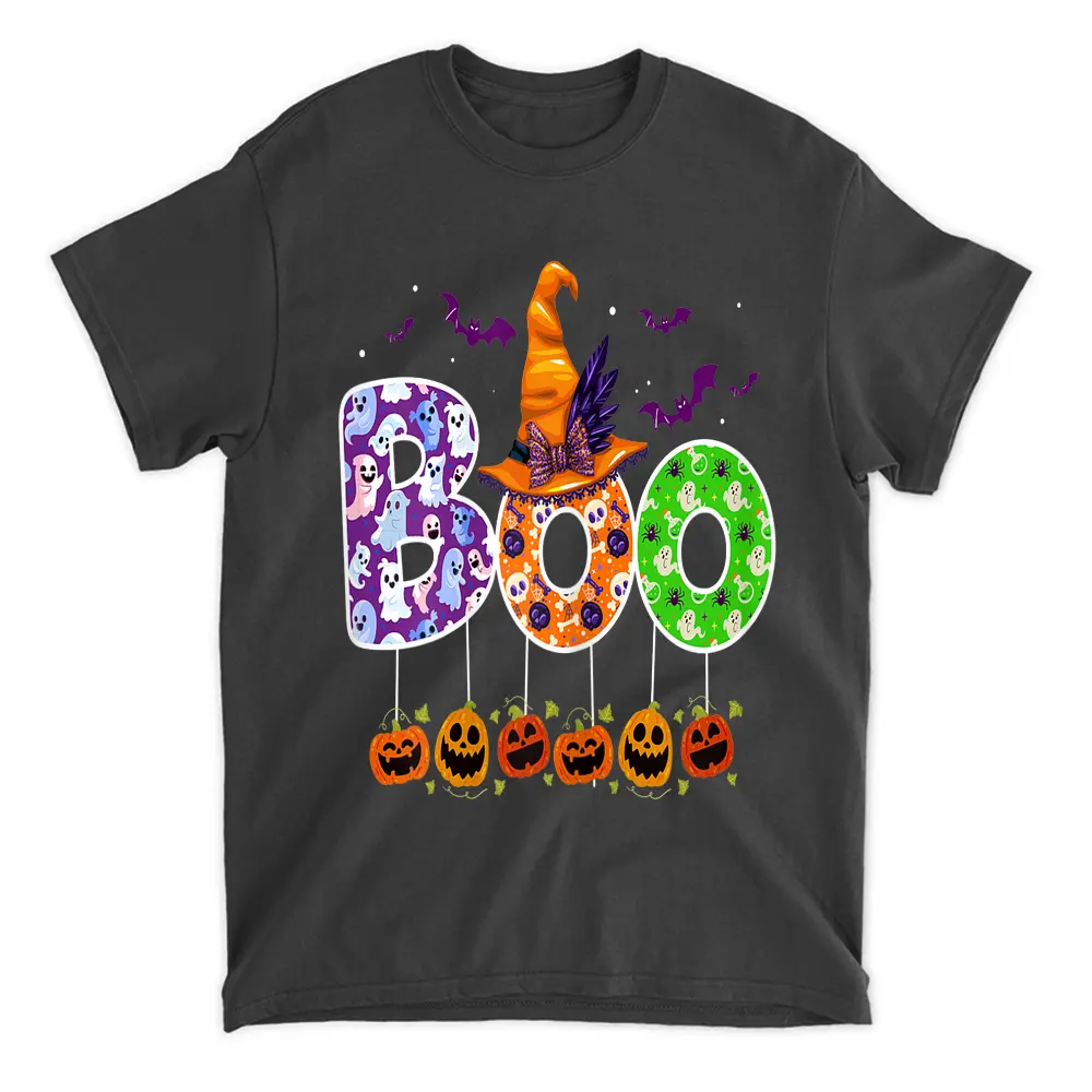 Womens Funny Halloween Shirt Boo Ghost Witch Hat Pumpkin Web Spider T-Shirt
