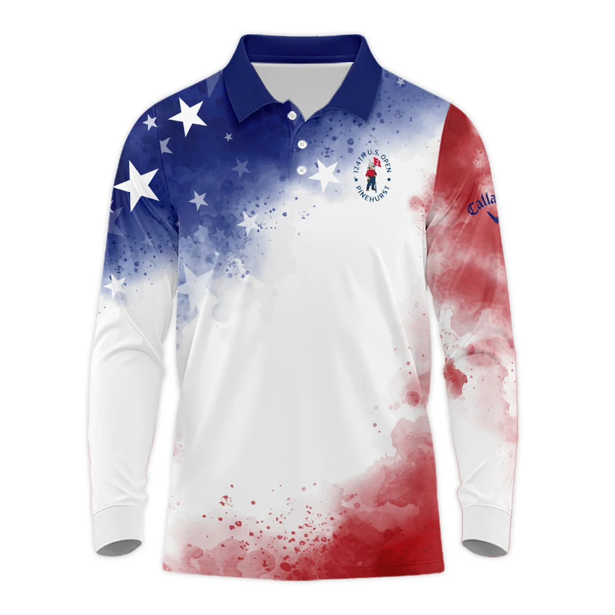 124th U.S. Open Pinehurst Callaway Blue Red Watercolor Star White Backgound Vneck Polo Shirt Style Classic Polo Shirt For Men