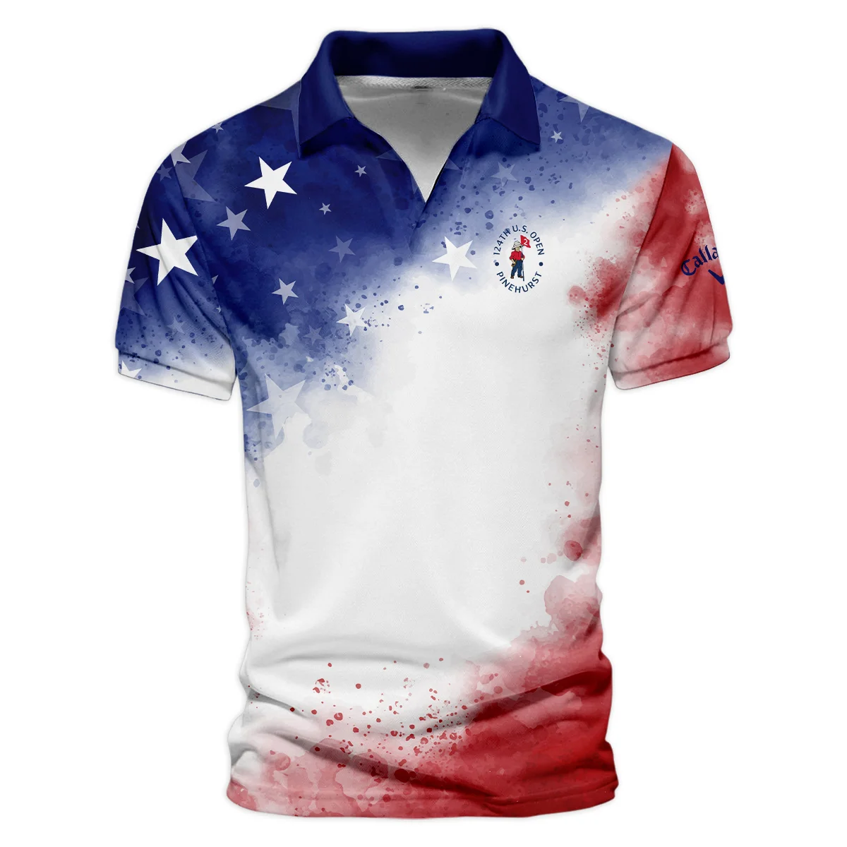 124th U.S. Open Pinehurst Callaway Blue Red Watercolor Star White Backgound Polo Shirt Mandarin Collar Polo Shirt