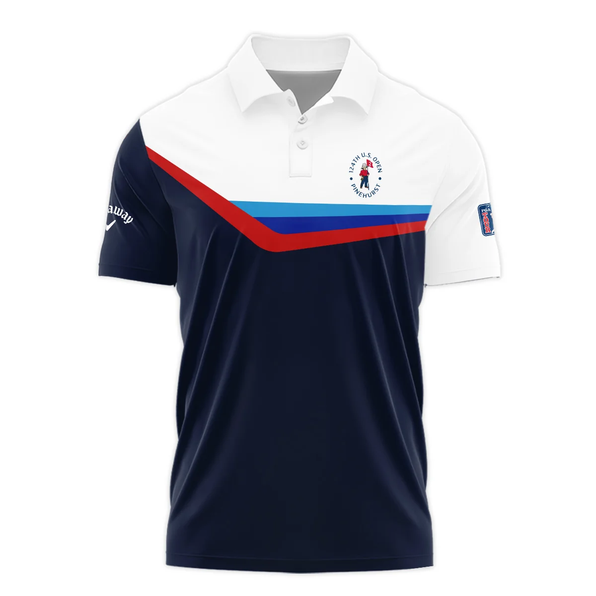 124th U.S. Open Pinehurst Golf Blue Red Line White Pattern Callaway Polo Shirt Mandarin Collar Polo Shirt