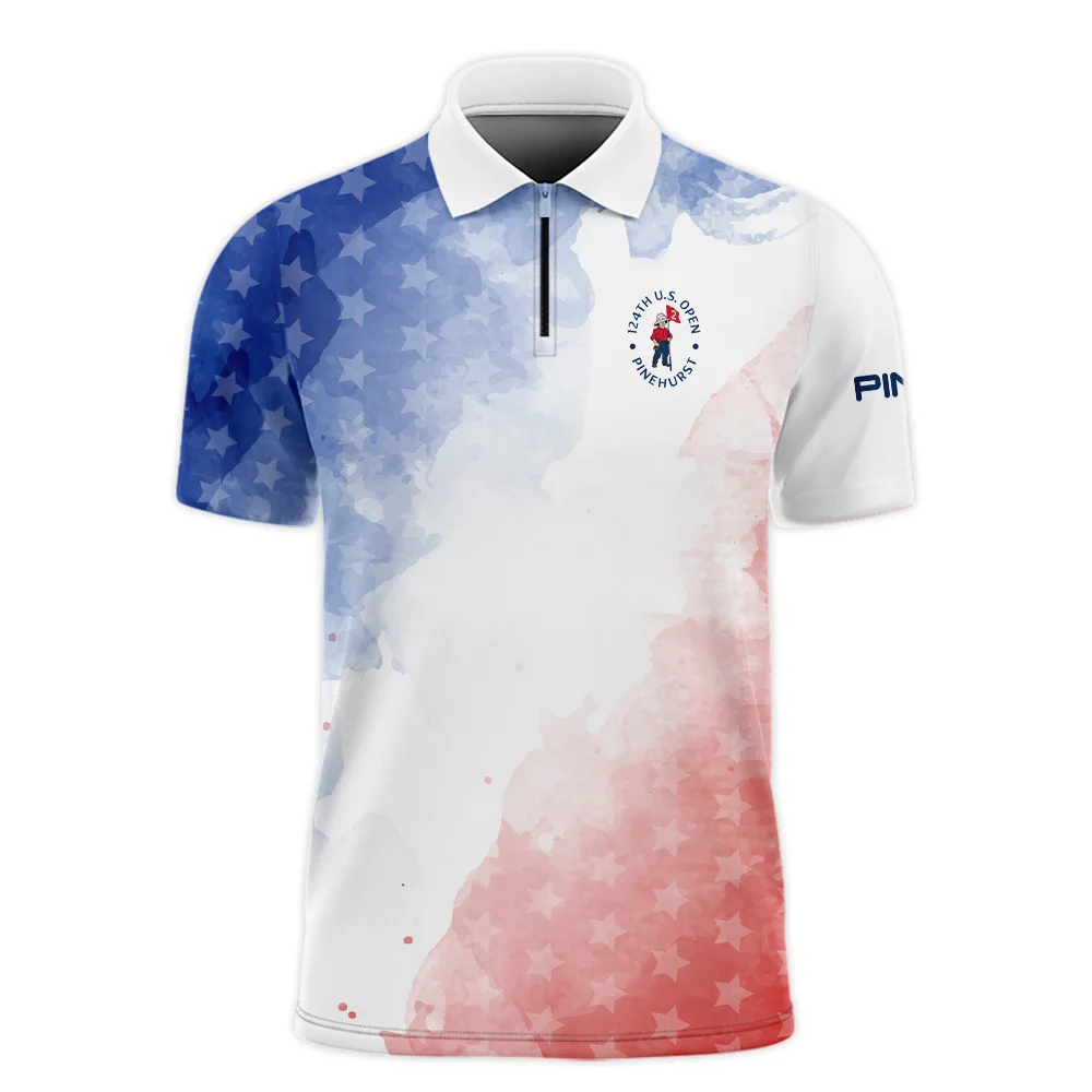 124th U.S. Open Pinehurst Golf Ping Zipper Polo Shirt Stars Blue Red Watercolor Golf Sports All Over Print Zipper Polo Shirt For Men