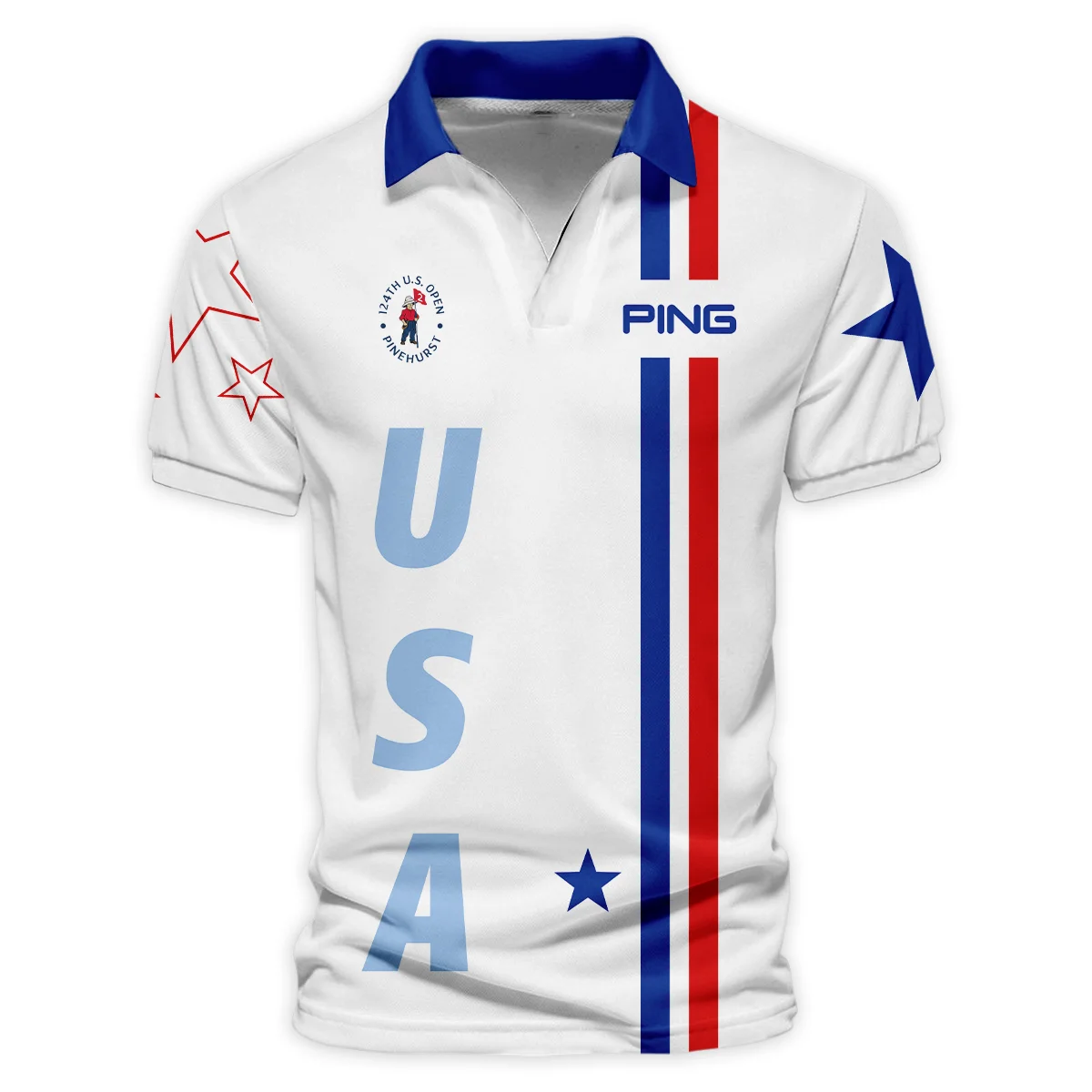 124th U.S. Open Pinehurst Ping Blue Red Line White Polo Shirt Mandarin Collar Polo Shirt
