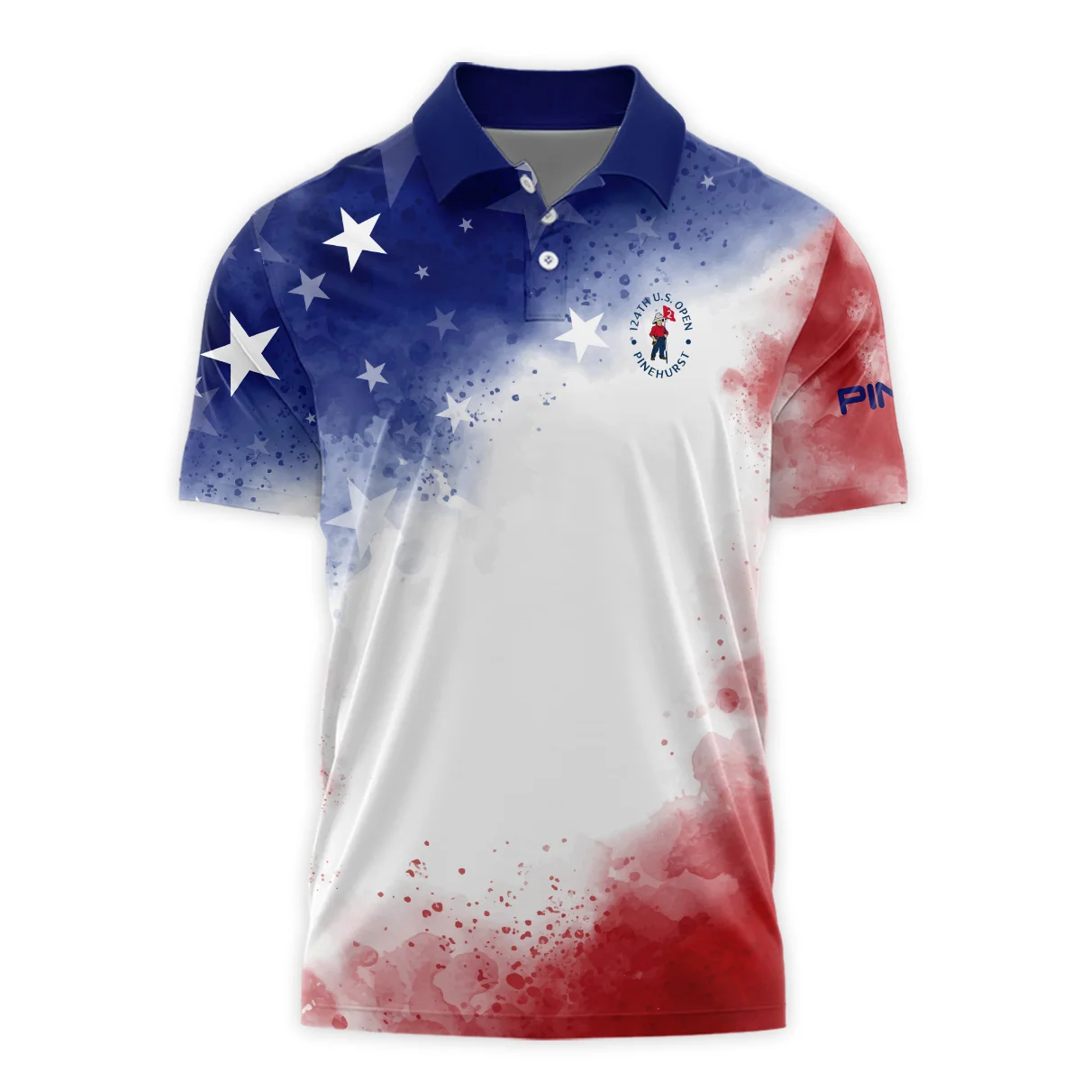124th U.S. Open Pinehurst Ping Blue Red Watercolor Star White Backgound Polo Shirt Mandarin Collar Polo Shirt