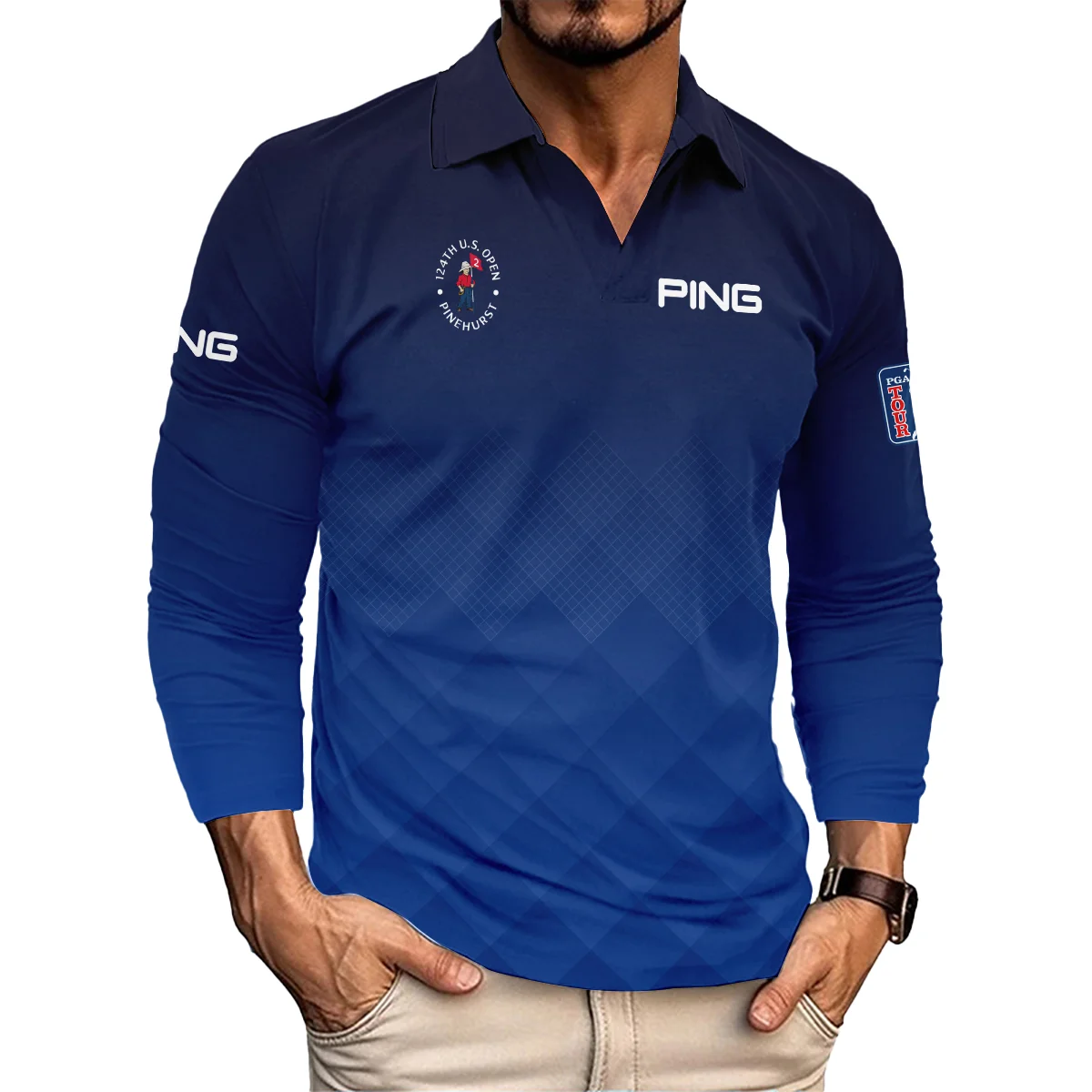 124th U.S. Open Pinehurst Ping Dark Blue Gradient Stripes Pattern Vneck Long Polo Shirt Style Classic Long Polo Shirt For Men