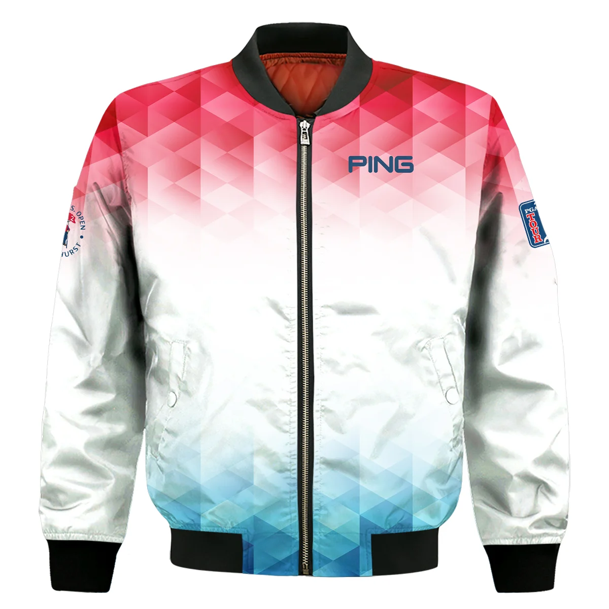 124th U.S. Open Pinehurst Ping Golf Sport Bomber Jacket Blue Red Abstract Geometric Triangles All Over Print Bomber Jacket