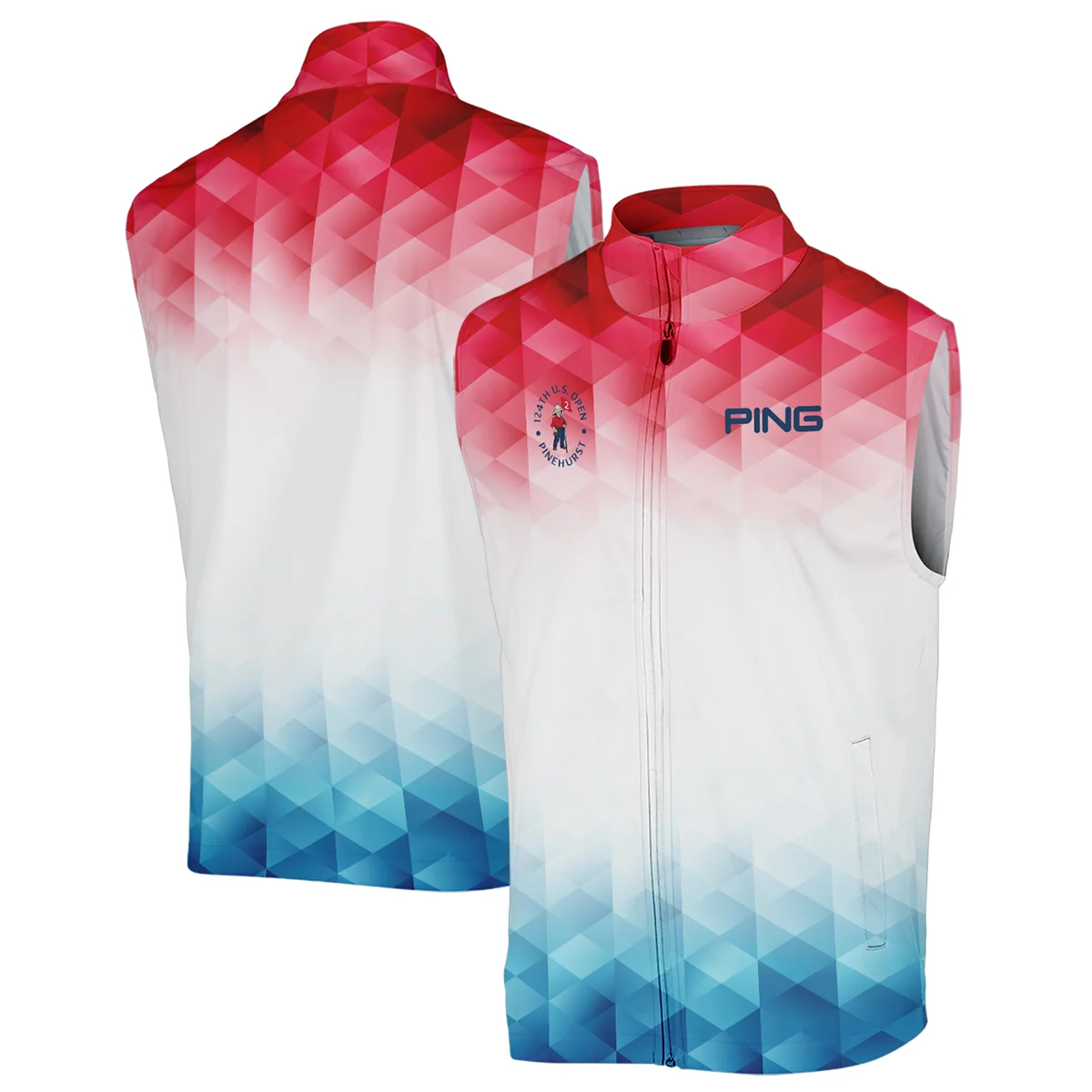 124th U.S. Open Pinehurst Ping Golf Sport Long Polo Shirt Blue Red Abstract Geometric Triangles All Over Print Long Polo Shirt For Men
