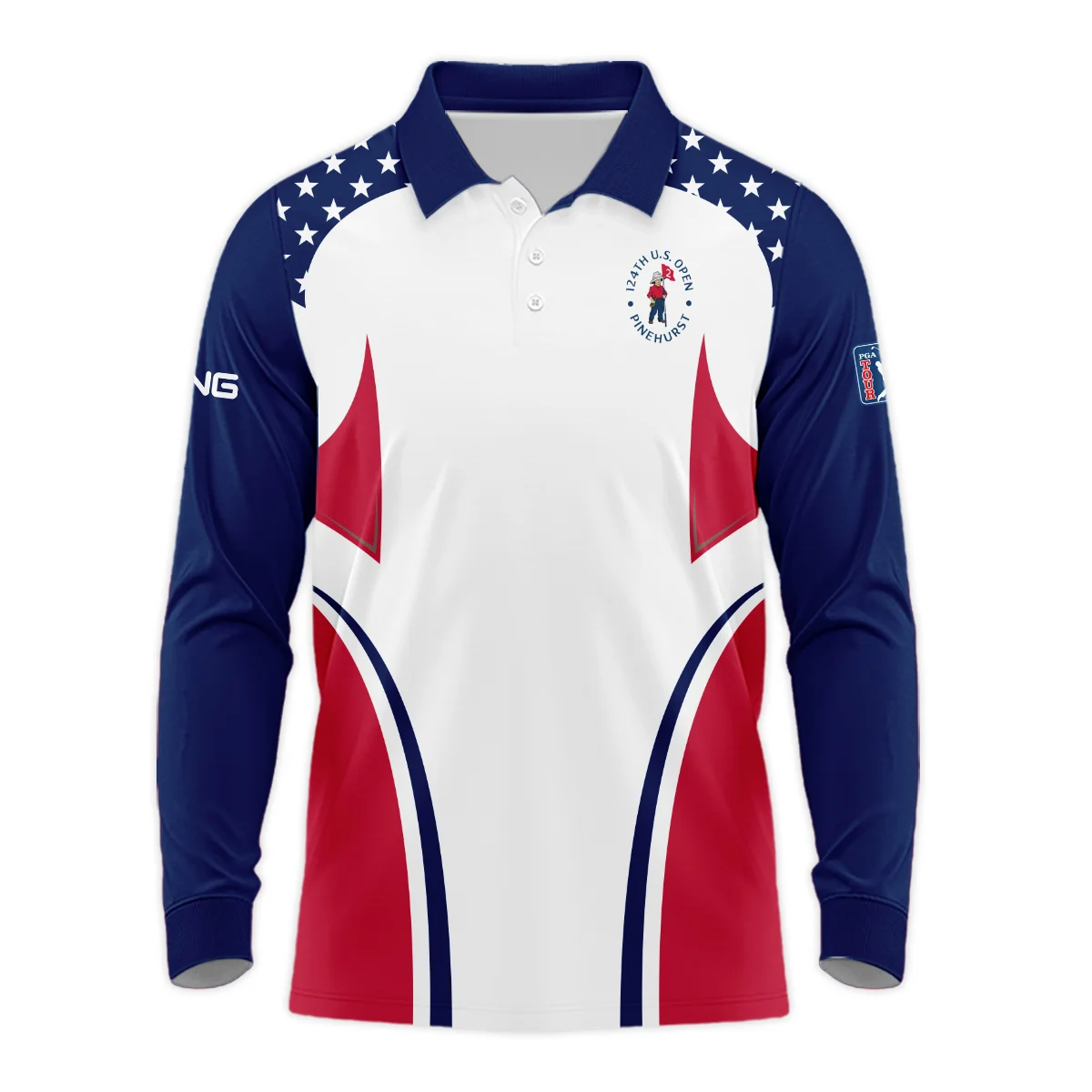 124th U.S. Open Pinehurst Ping Stars White Dark Blue Red Line Long Polo Shirt Style Classic Long Polo Shirt For Men