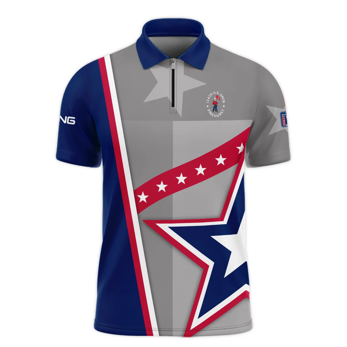124th U.S. Open Pinehurst Ping White Star Red Line Blue  Zipper Polo Shirt Style Classic Zipper Polo Shirt For Men