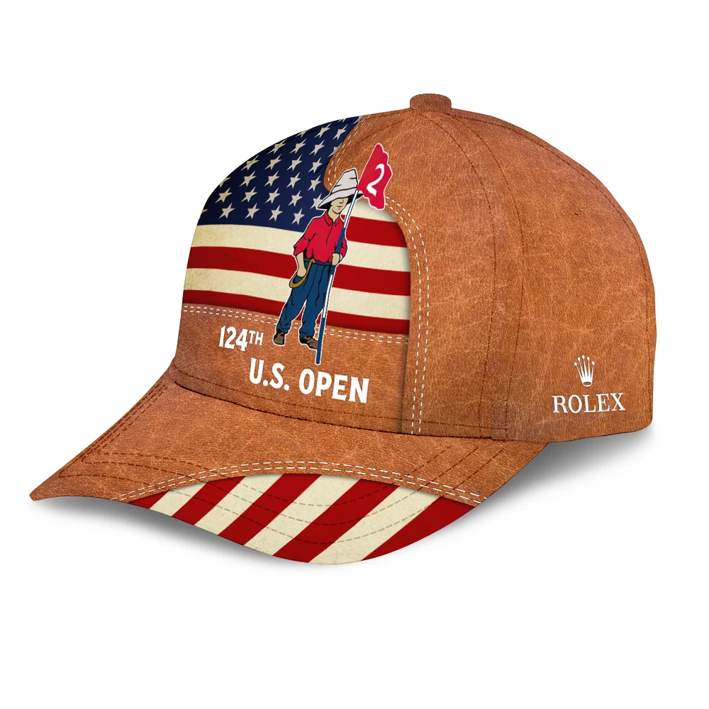 124th U.S. Open Pinehurst Rolex Brown Leather Texture USA Flag Golf Style Classic Golf All over Print Cap