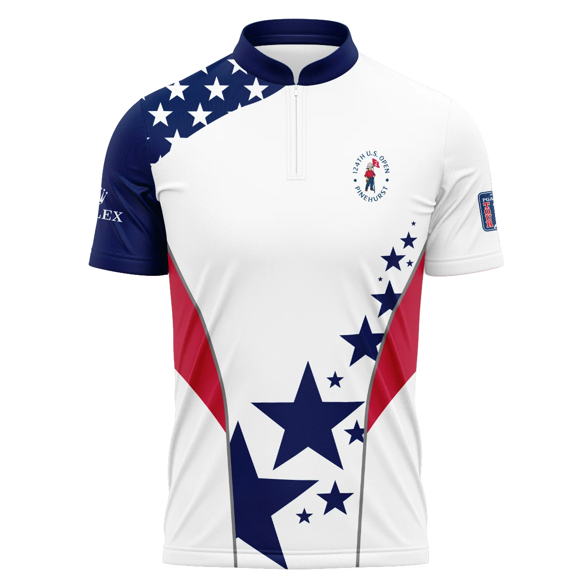124th U.S. Open Pinehurst Rolex Stars US Flag White Blue Polo Shirt Mandarin Collar Polo Shirt