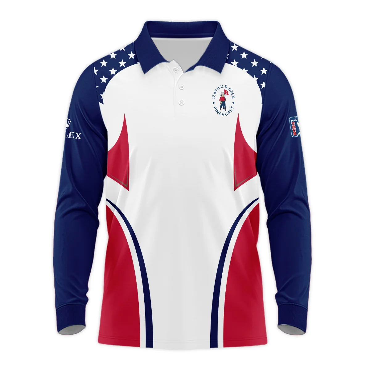 124th U.S. Open Pinehurst Rolex Stars White Dark Blue Red Line Long Polo Shirt Style Classic Long Polo Shirt For Men