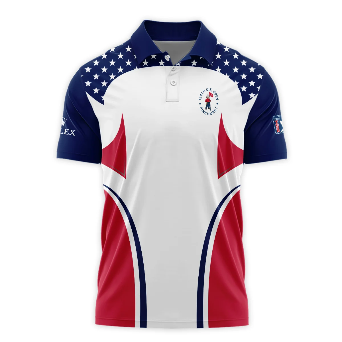 124th U.S. Open Pinehurst Rolex Stars White Dark Blue Red Line Polo Shirt Mandarin Collar Polo Shirt