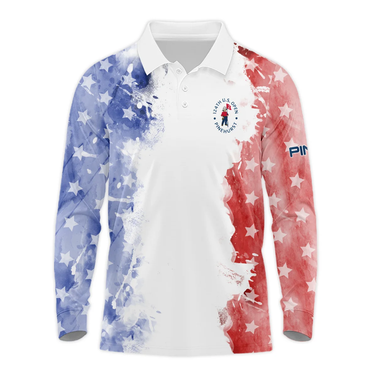 124th U.S. Open Pinehurst Special Version Ping Long Polo Shirt Blue Red Watercolor Long Polo Shirt For Men