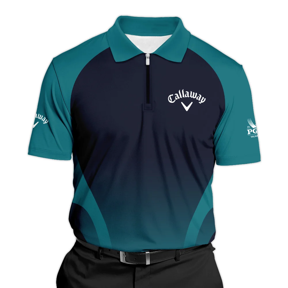 2024 PGA Championship Callaway Golf Zipper Polo Shirt Dark Cyan Very Dark Blue Gradient Golf Sports All Over Print Zipper Polo Shirt For Men