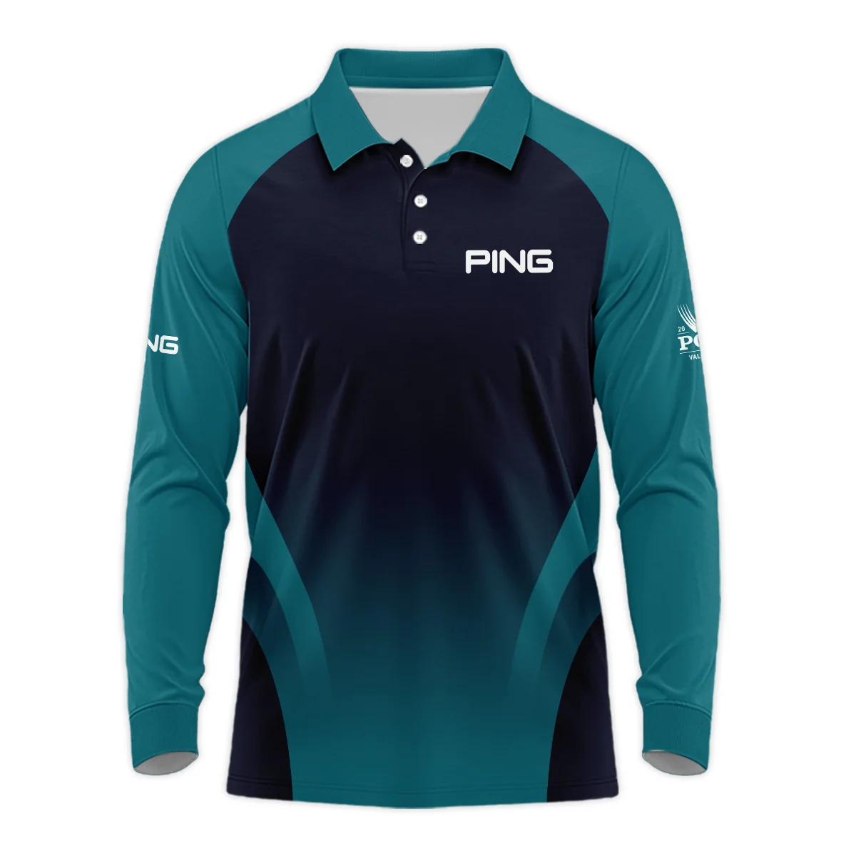 2024 PGA Championship Ping Golf Long Polo Shirt Dark Cyan Very Dark Blue Gradient Golf Sports All Over Print Long Polo Shirt For Men