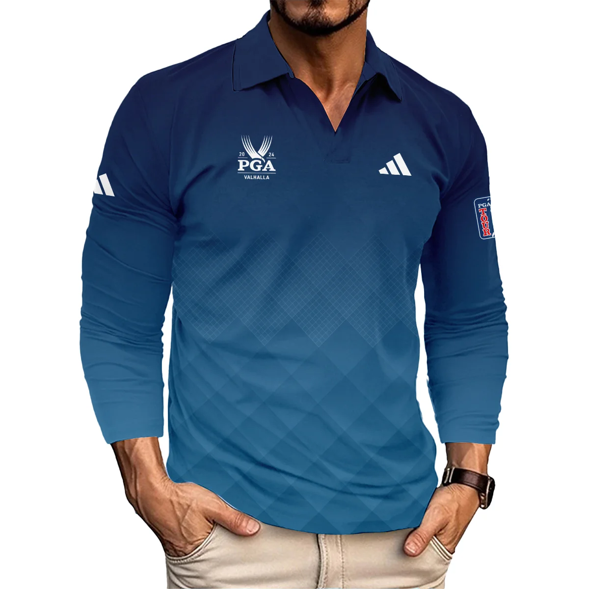 2024 PGA Championship Valhalla Adidas Blue Gradient Abstract Stripes  Style Classic, Short Sleeve Polo Shirts Quarter-Zip Casual Slim Fit Mock Neck Basic