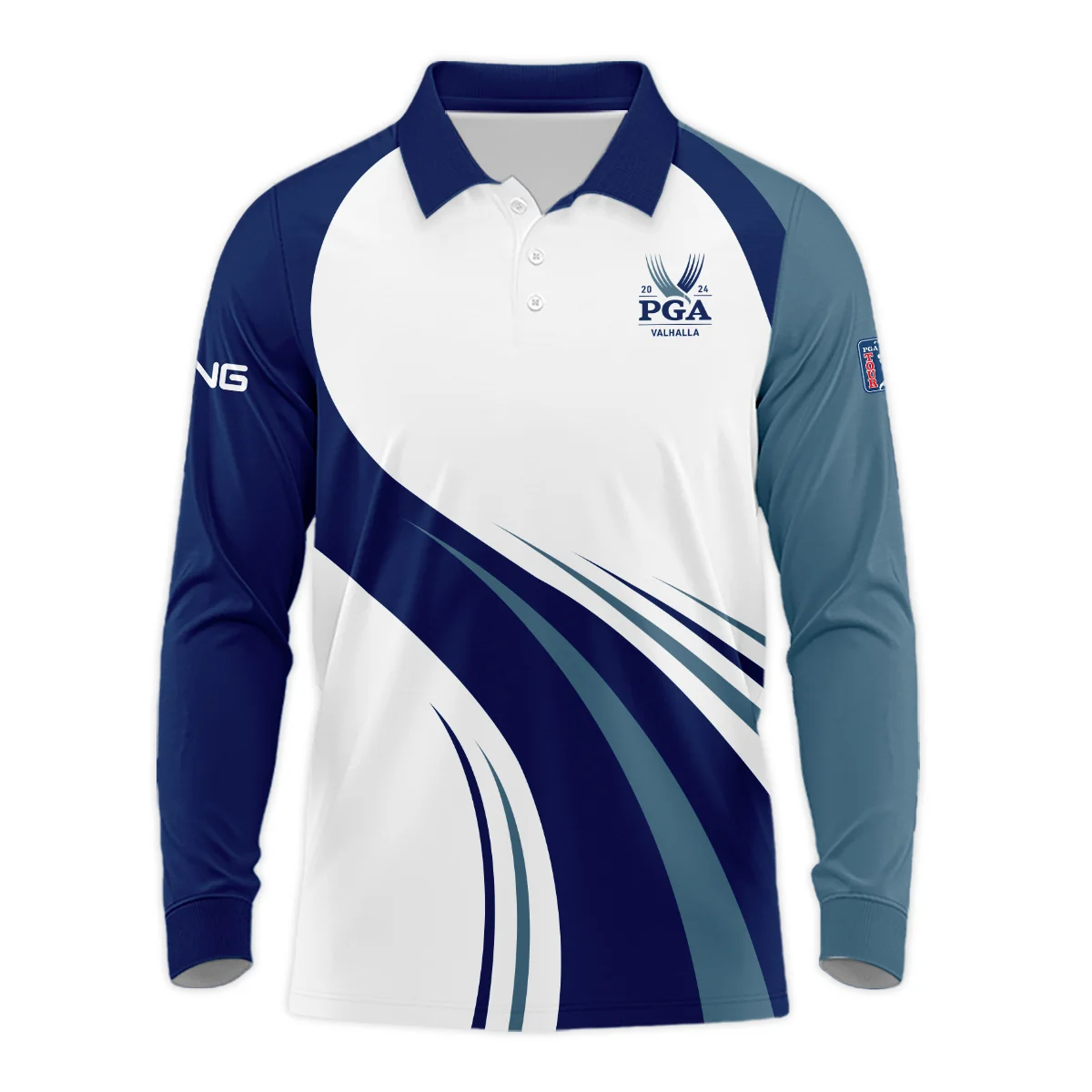 2024 PGA Championship Valhalla Golf Blue Wave Pattern Ping Polo Shirt Mandarin Collar Polo Shirt