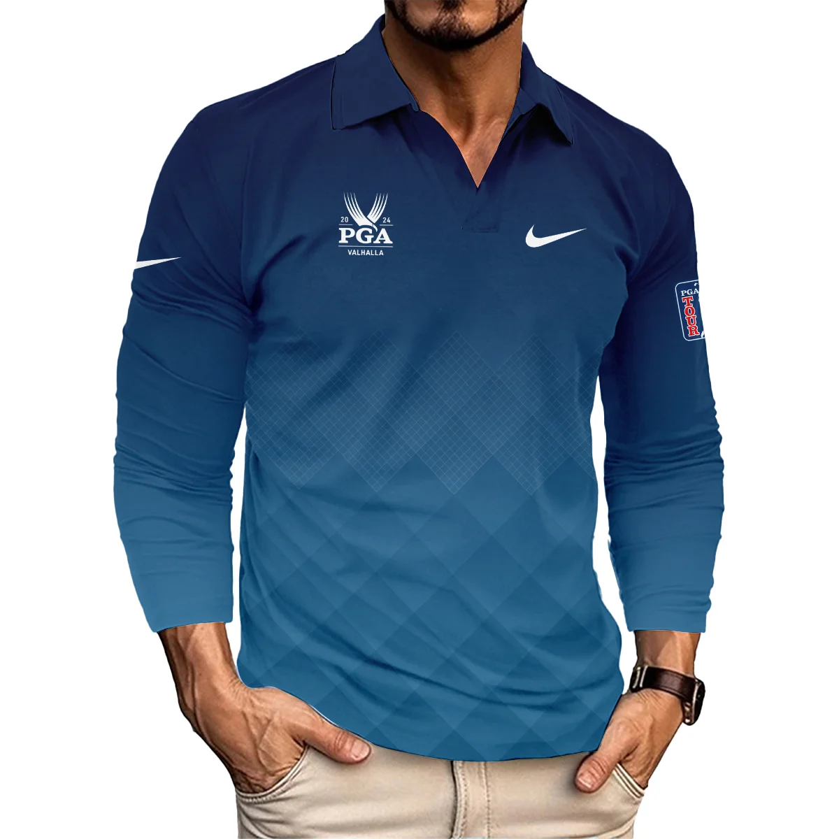 2024 PGA Championship Valhalla Nike Blue Gradient Abstract Stripes  Vneck Long Polo Shirt Style Classic Long Polo Shirt For Men