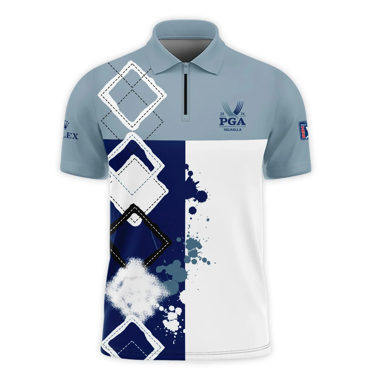 2024 PGA Championship Valhalla Rolex Blue White Brush Line Zipper Polo Shirt Style Classic Zipper Polo Shirt For Men