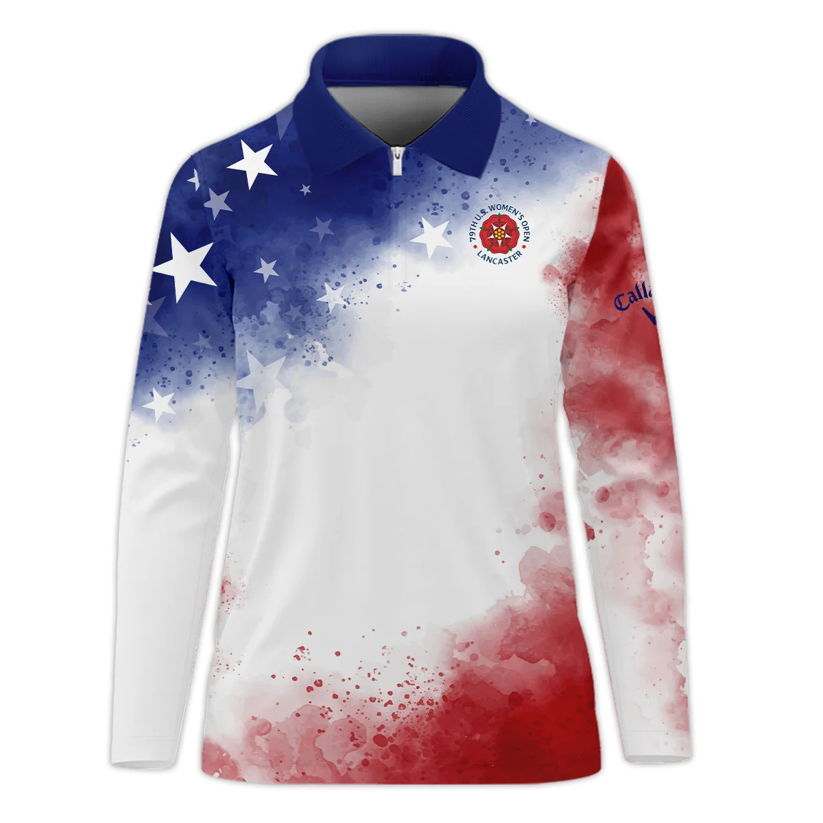 79th U.S. Women’s Open Lancaster Callaway Golf Blue Red Watercolor White Star Zipper Long Polo Shirt