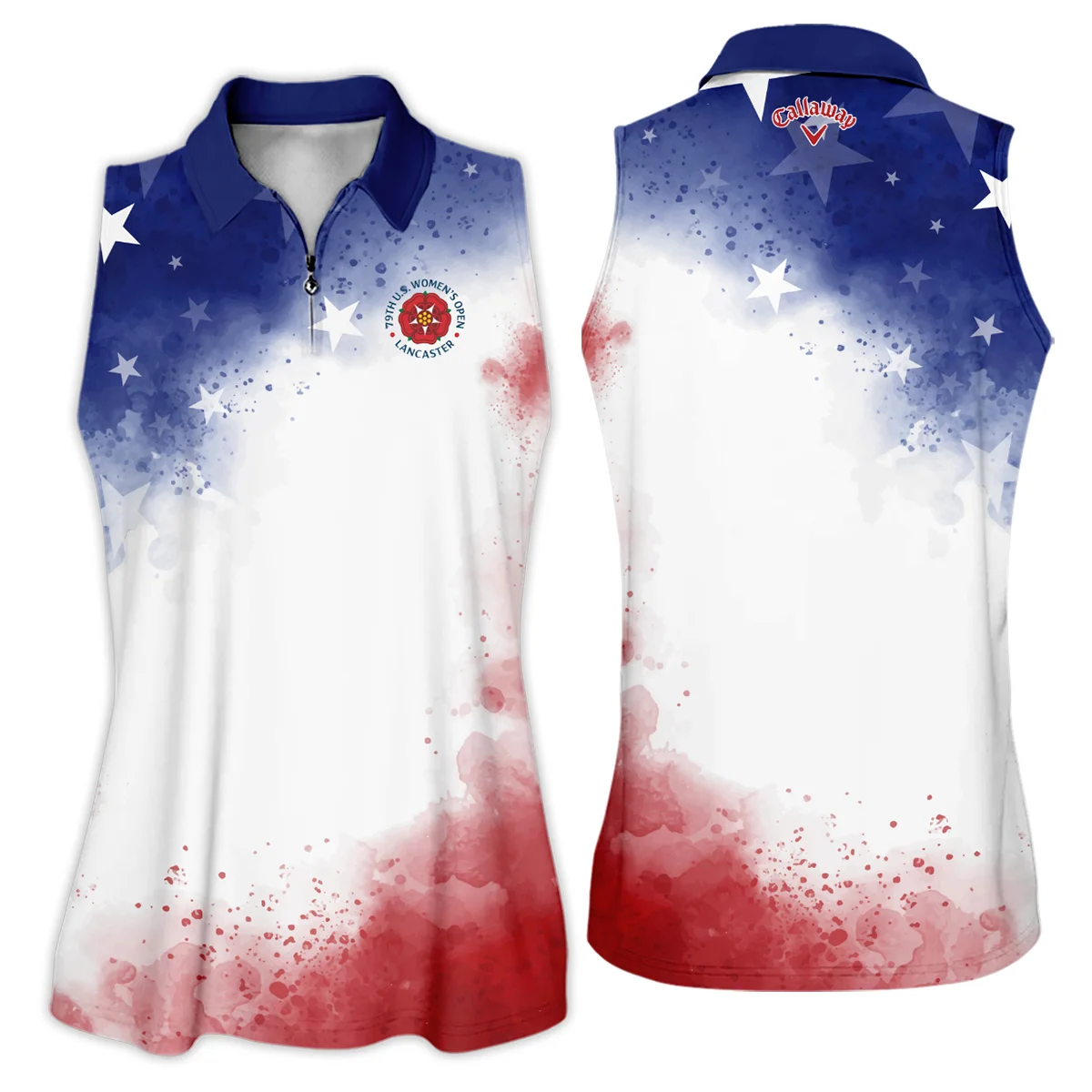 79th U.S. Women’s Open Lancaster Callaway Golf Blue Red Watercolor White Star Zipper Sleeveless Polo Shirt