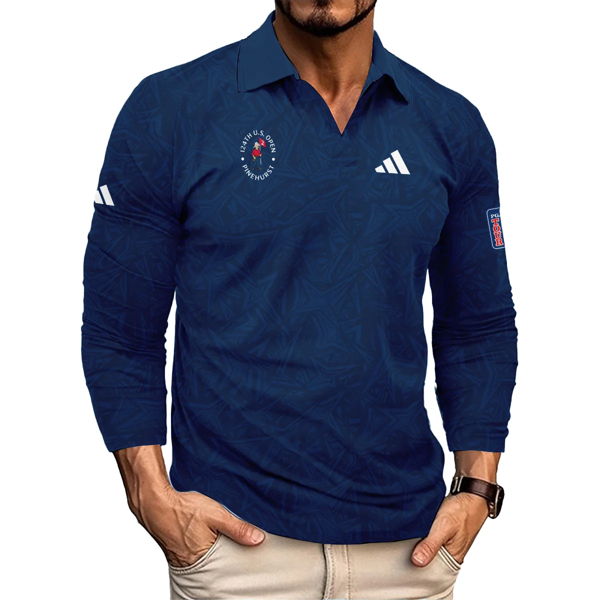 Adidas 124th U.S. Open Pinehurst Stars Gradient Pattern Dark Blue Long Polo Shirt Style Classic Long Polo Shirt For Men