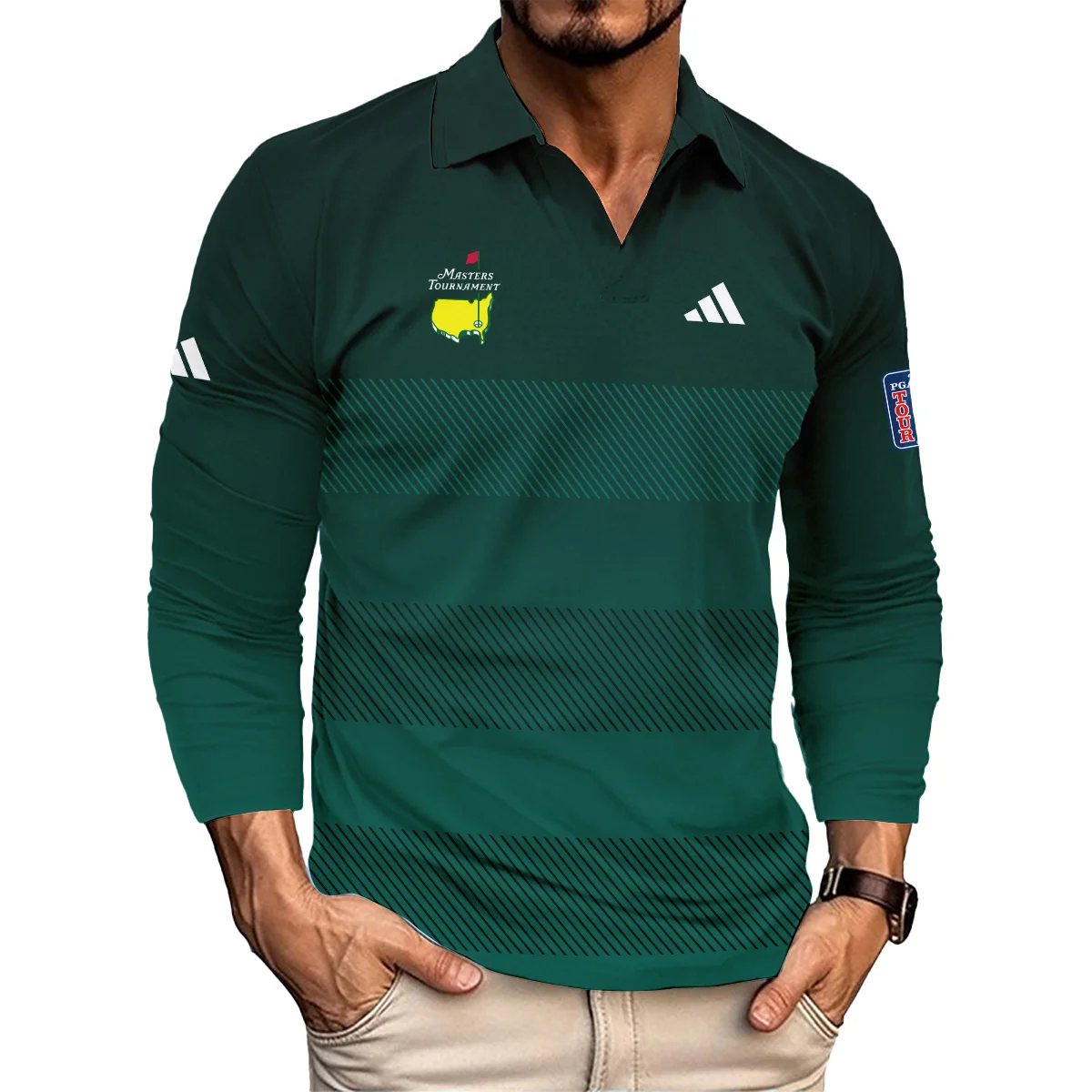 Adidas Masters Tournament Dark Green Gradient Stripes Pattern Golf Sport Zipper Polo Shirt Style Classic Zipper Polo Shirt For Men