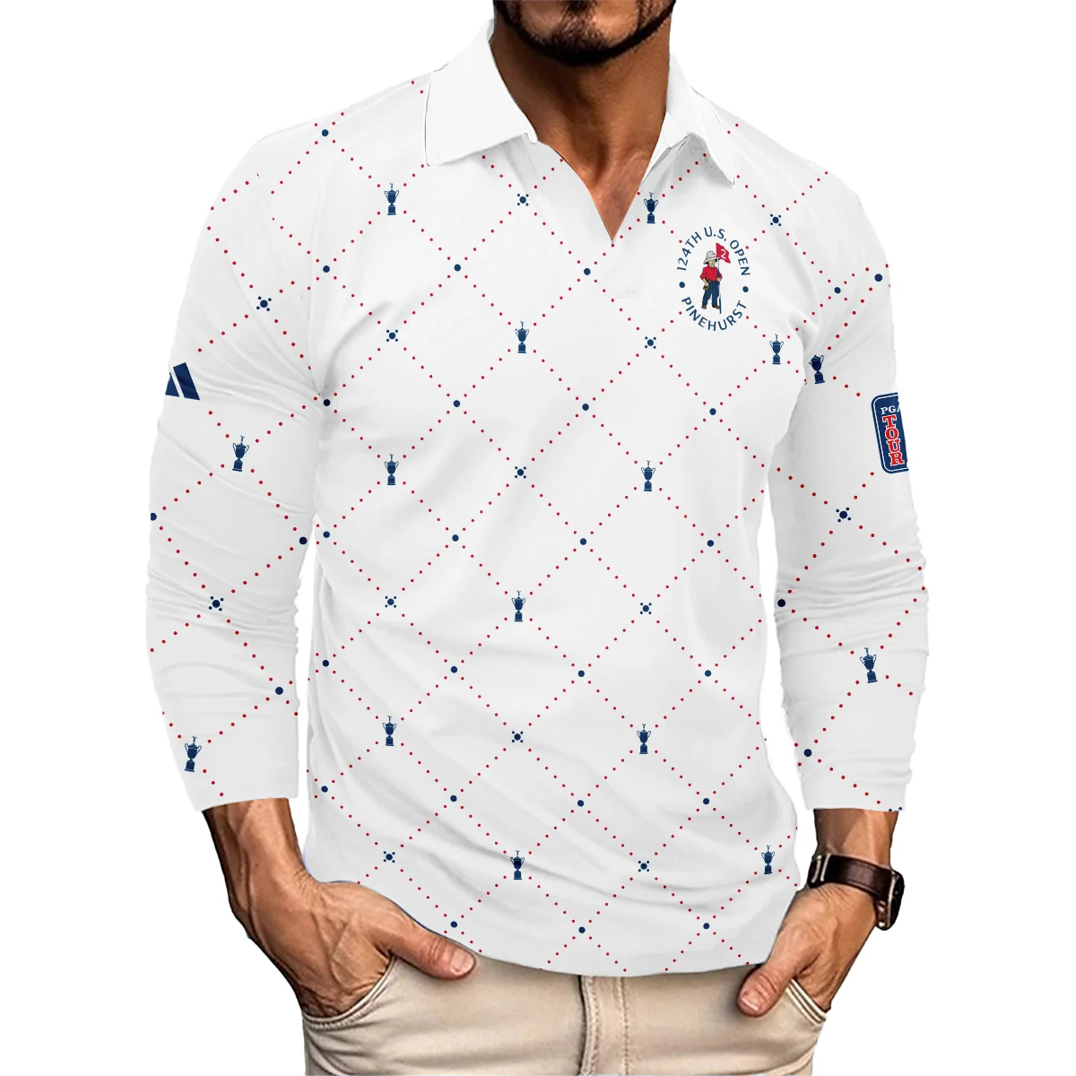 Argyle Pattern With Cup 124th U.S. Open Pinehurst Adidas Vneck Long Polo Shirt Style Classic Long Polo Shirt For Men