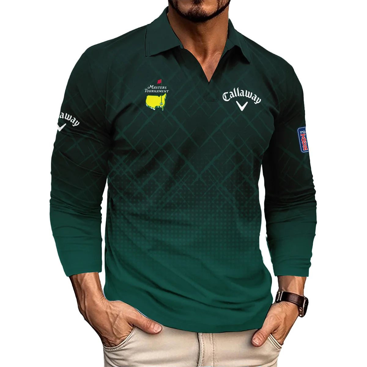 Callaway Masters Tournament Sport Jersey Pattern Dark Green Vneck Long Polo Shirt Style Classic Long Polo Shirt For Men