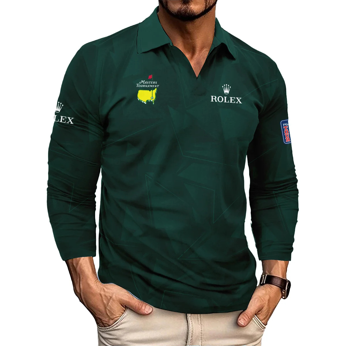 Dark Green Abstract Sport Masters Tournament Rolex Vneck Long Polo Shirt Style Classic Long Polo Shirt For Men