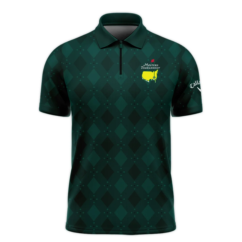 Dark Green Argyle Plaid Pattern Golf Masters Tournament Callaway Zipper Polo Shirt Style Classic Zipper Polo Shirt For Men