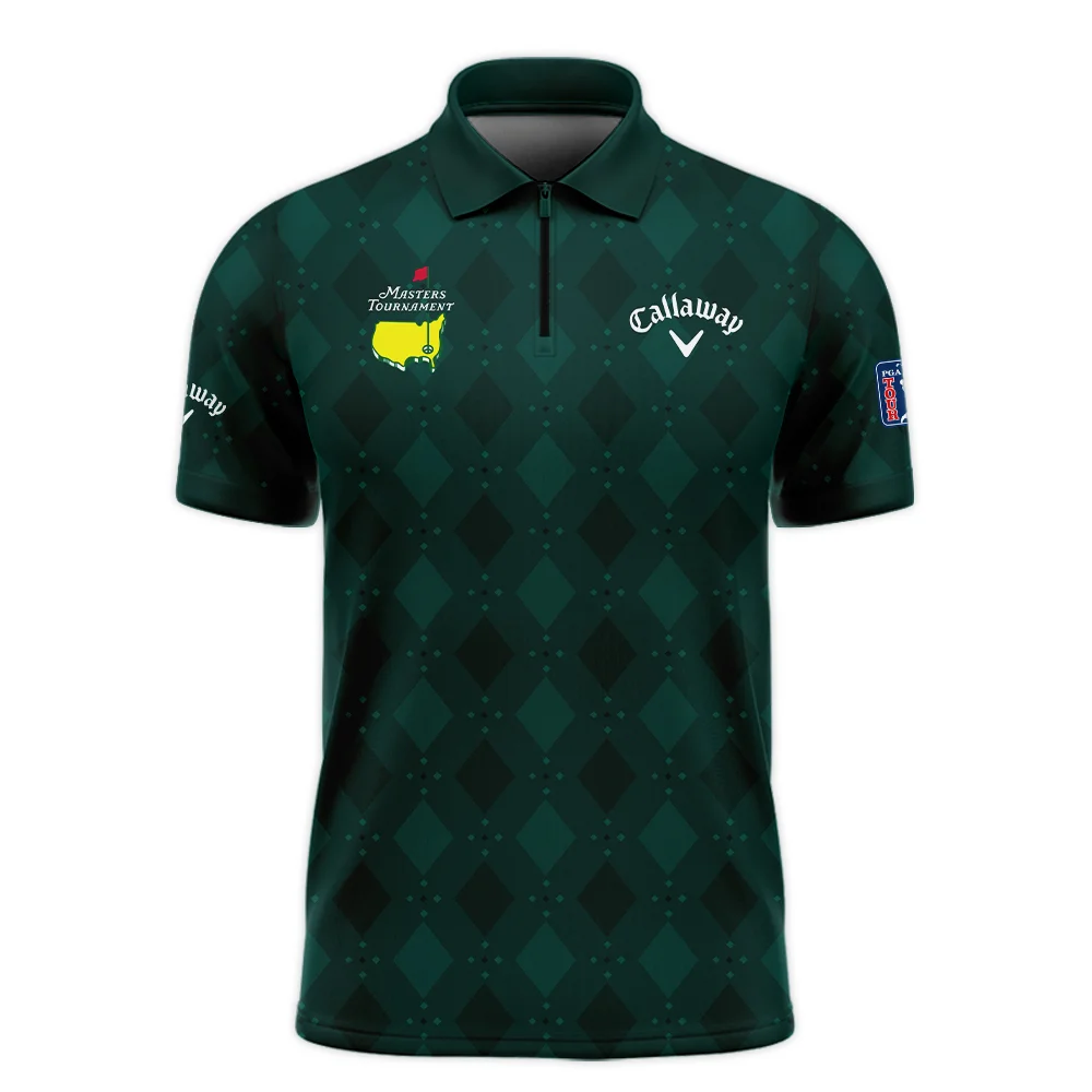 Dark Green Argyle Plaid Pattern Golf Masters Tournament Callaway Zipper Polo Shirt Style Classic Zipper Polo Shirt For Men