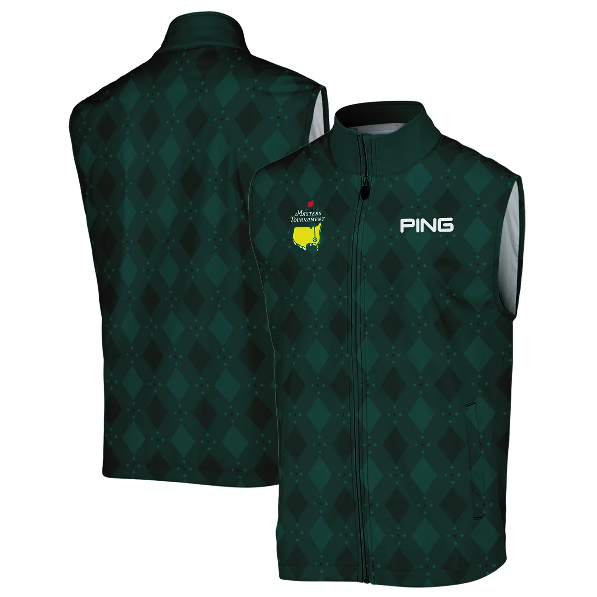Dark Green Argyle Plaid Pattern Golf Masters Tournament Ping Zipper Polo Shirt Style Classic Zipper Polo Shirt For Men