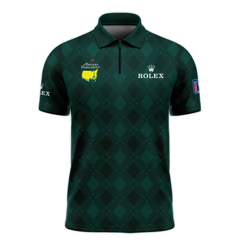 Dark Green Argyle Plaid Pattern Golf Masters Tournament Rolex Zipper Polo Shirt Style Classic Zipper Polo Shirt For Men