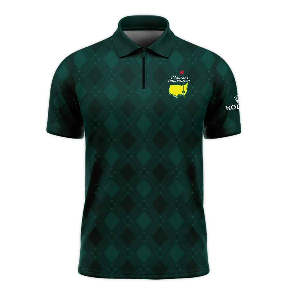 Dark Green Argyle Plaid Pattern Golf Masters Tournament Rolex Zipper Polo Shirt Style Classic Zipper Polo Shirt For Men