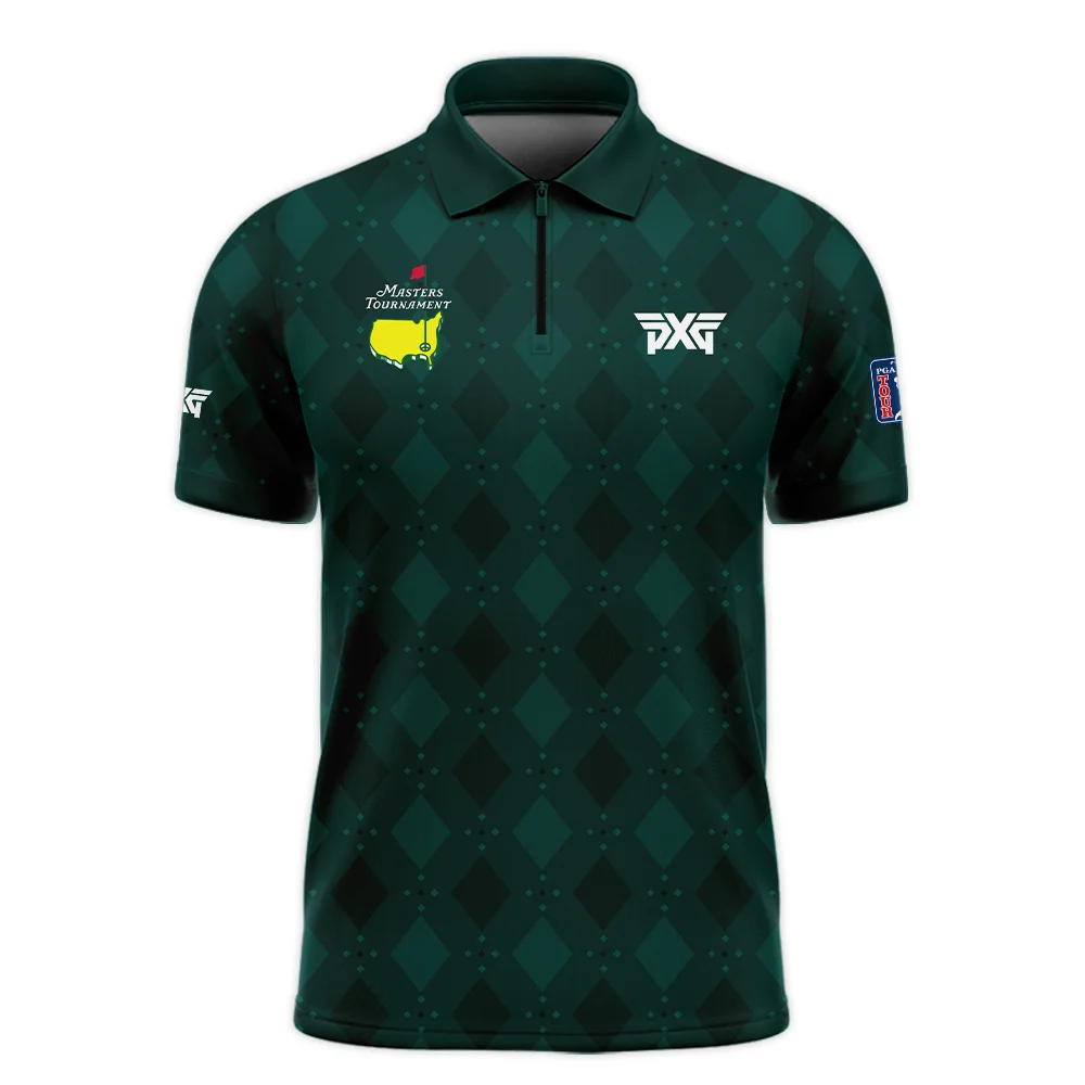 Dark Green Argyle Plaid Pattern Golf Masters Tournament Zipper Polo Shirt Style Classic Zipper Polo Shirt For Men