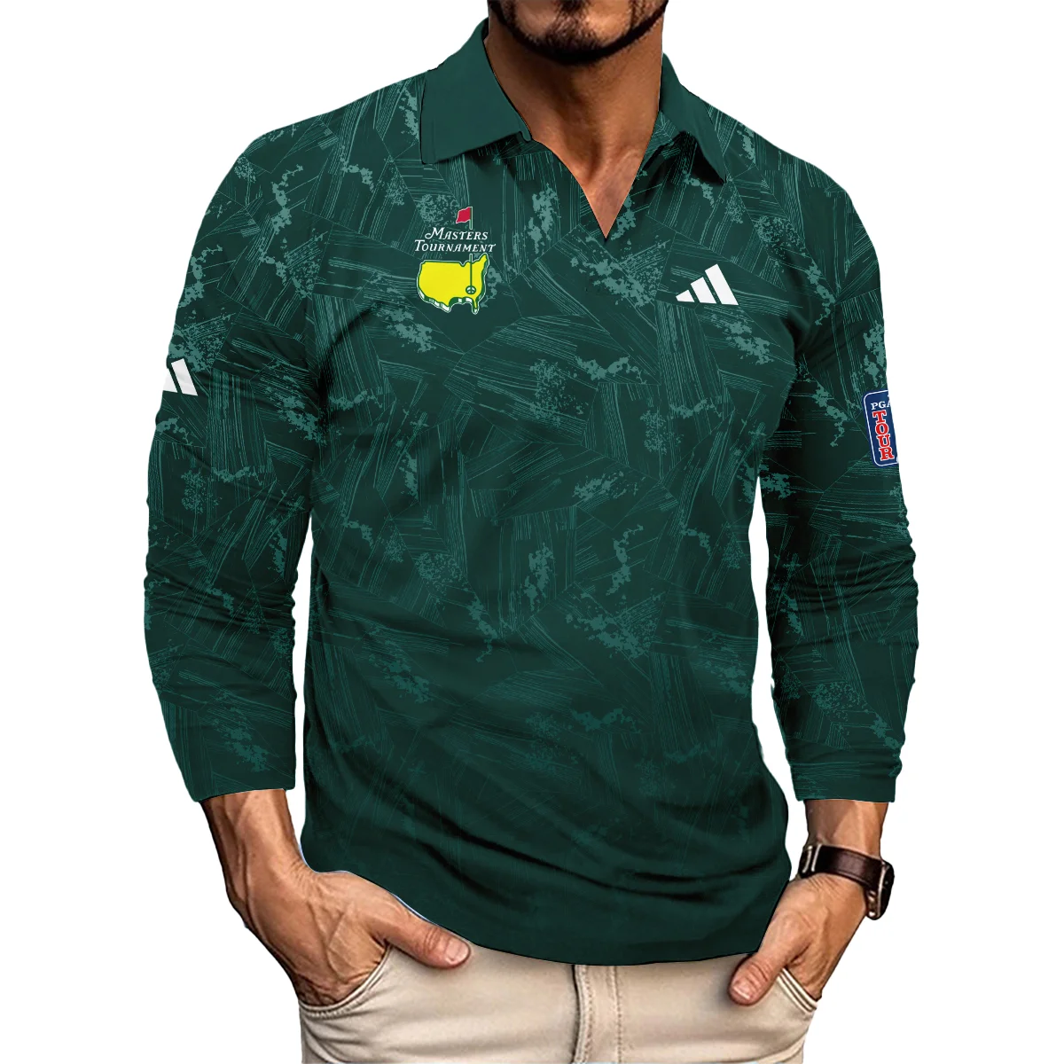 Dark Green Background Masters Tournament Adidas Vneck Long Polo Shirt Style Classic Long Polo Shirt For Men