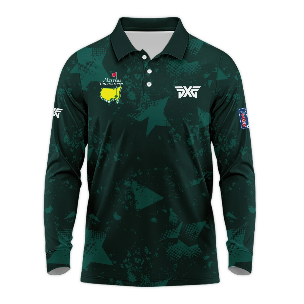 Dark Green Grunge Stars Pattern Golf Masters Tournament Long Polo Shirt Style Classic Long Polo Shirt For Men