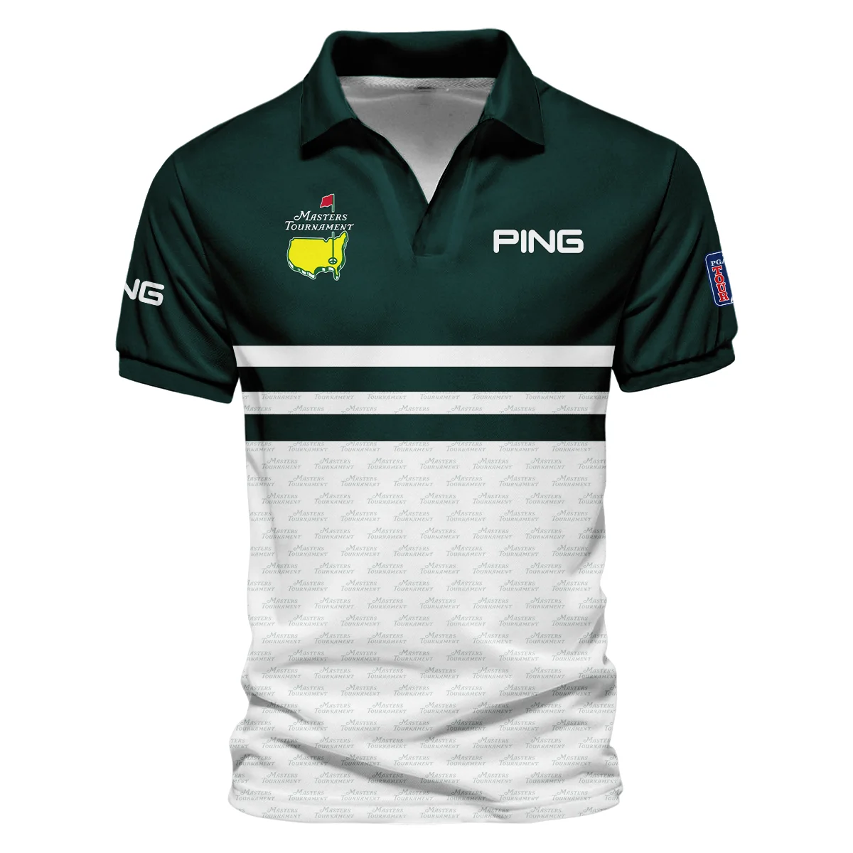 Dark Green Mix White With Logo Pattern Masters Tournament Ping Vneck Polo Shirt Style Classic Polo Shirt For Men