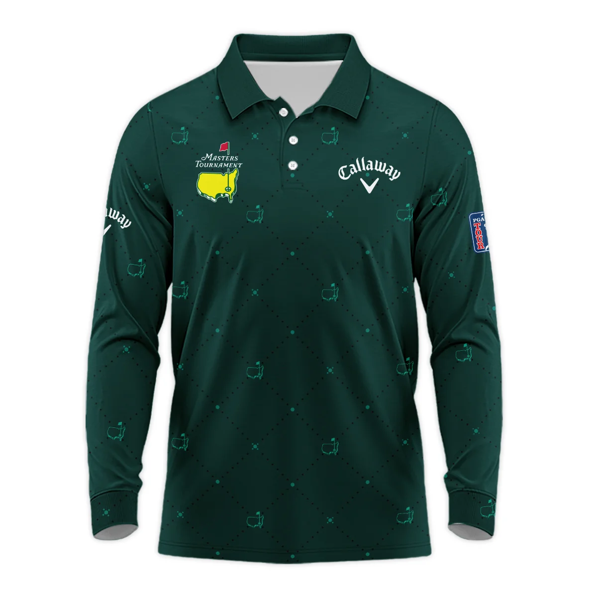 Dark Green Pattern In Retro Style With Logo Masters Tournament Callaway Vneck Polo Shirt Style Classic Polo Shirt For Men