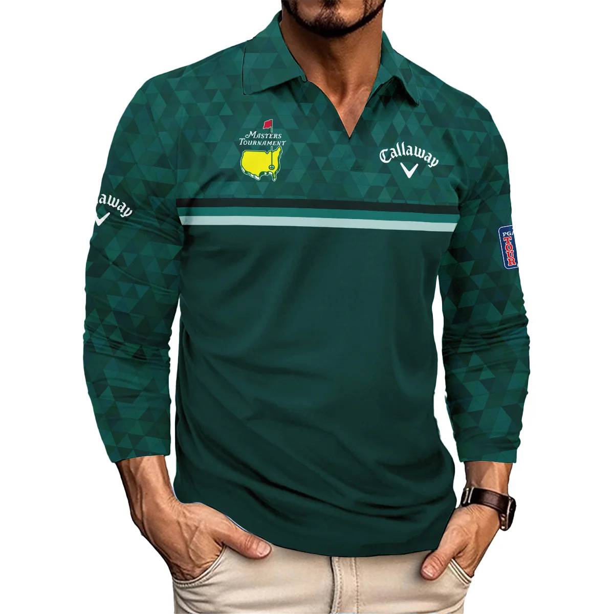 Dark Green Triangle Mosaic Pattern Masters Tournament Callaway Vneck Polo Shirt Style Classic Polo Shirt For Men