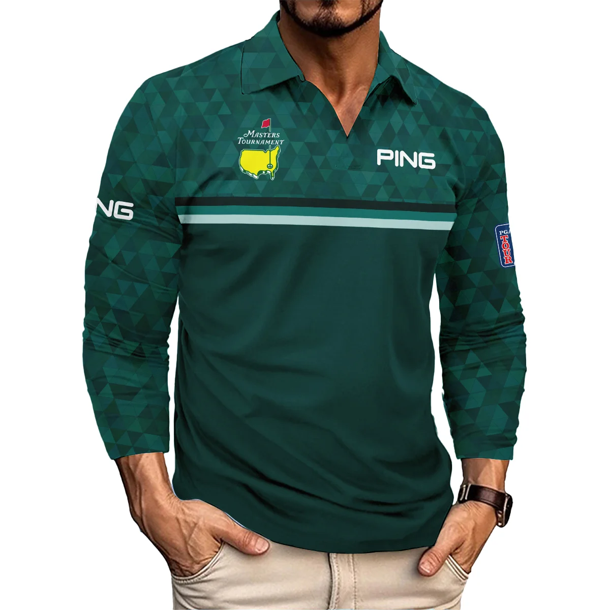 Dark Green Triangle Mosaic Pattern Masters Tournament Ping Vneck Long Polo Shirt Style Classic Long Polo Shirt For Men