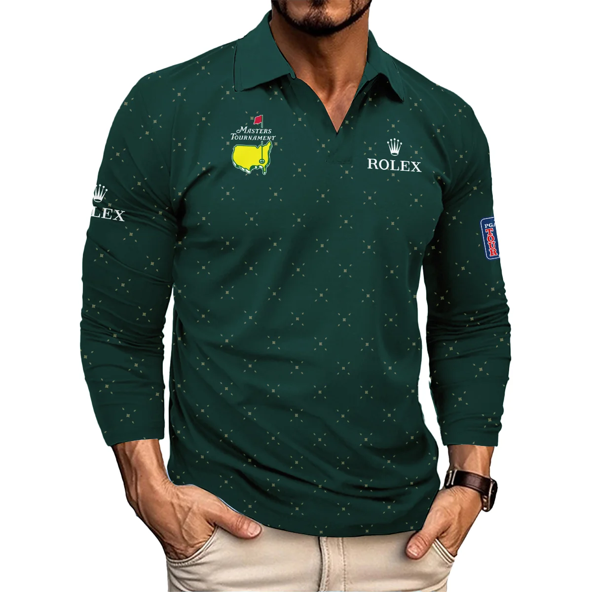 Diamond Shapes With Geometric Pattern Masters Tournament Rolex Vneck Long Polo Shirt Style Classic Long Polo Shirt For Men