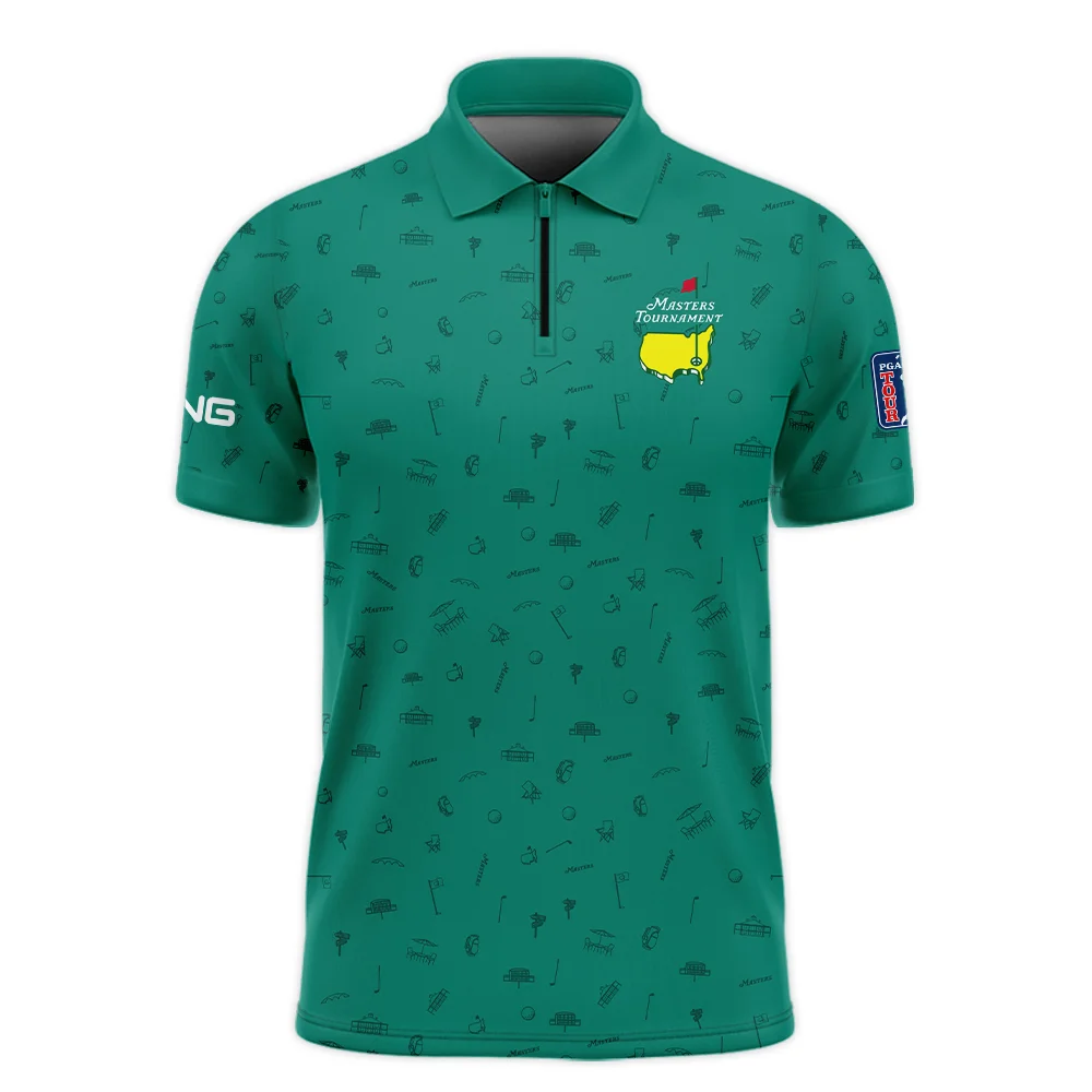 Golf Masters Tournament Ping Zipper Polo Shirt Augusta Icons Pattern Green Golf Sports All Over Print Zipper Polo Shirt For Men