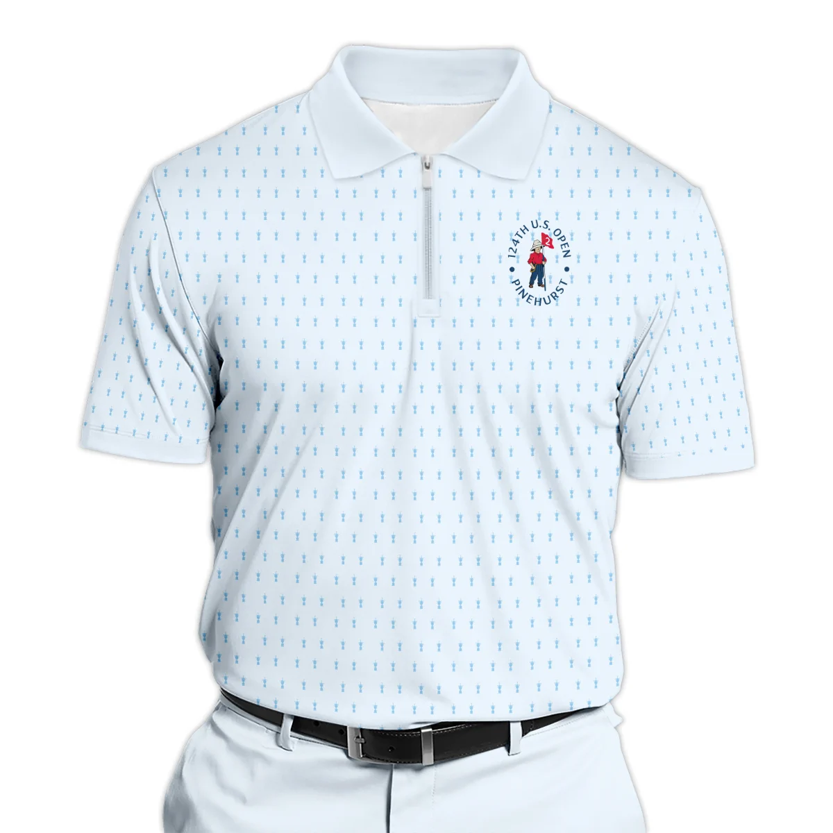 Golf Pattern Cup Light Blue Green 124th U.S. Open Pinehurst Zipper Polo Shirt Style Classic Zipper Polo Shirt For Men